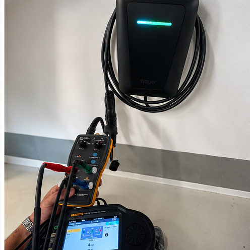 Prüfung einer installierten Wallbox mit einem professionellen Wallbox-Tester zur Kontrolle der elektrischen Sicherheit und Funktion.