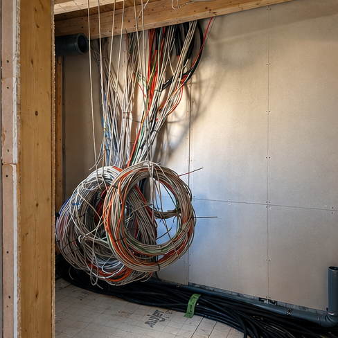 Technikraum eines Wohngebäudes mit umfangreicher Elektroinstallation und den dort zusammenlaufenden Leitungen und Anschlüssen.
