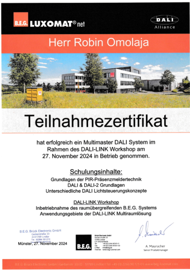 Teilnahmezertifikat für Robin Omolaja, DAT-System Schulung, 27. November 2022.