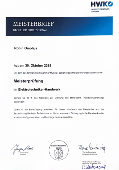 Zertifikat über die Meisterprüfung im Elektrohandwerk, ausgestellt am 26. Oktober 2023.