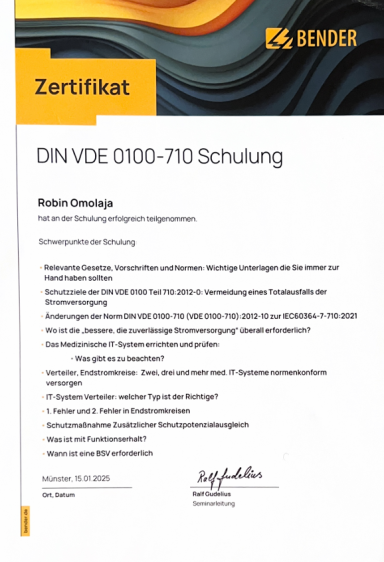 Zertifikat für die DIN VDE 0100-710 Schulung mit dem Firmenlogo und Unterschrift.