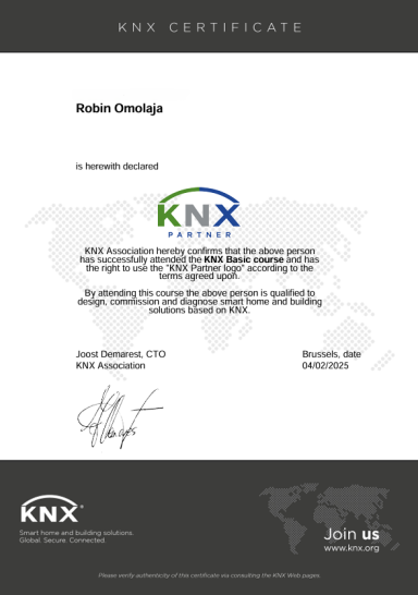 Zertifikat für Robin Ontl, bestätigt den KNX Professional Status.